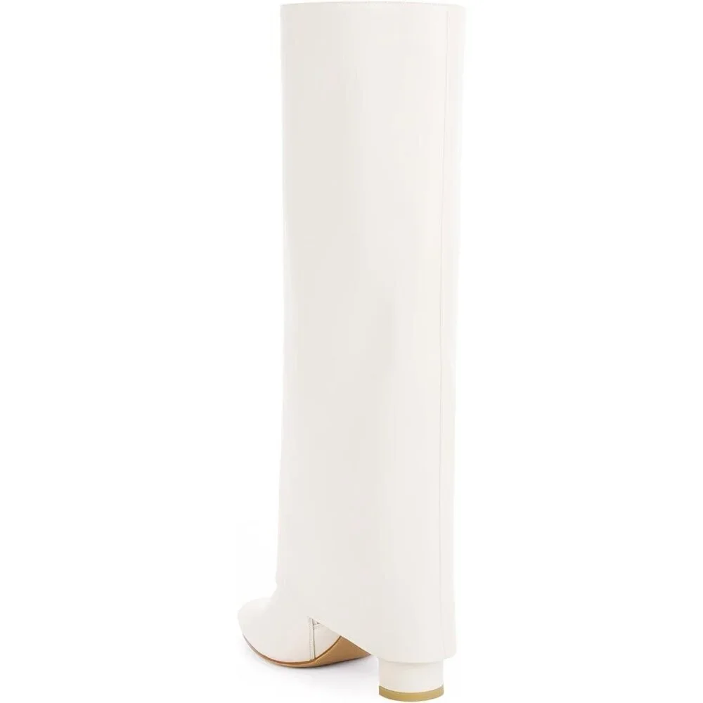 Women White Pu Leather Fold Over Knee High Dress Tall Chunky High Heel Long Boot